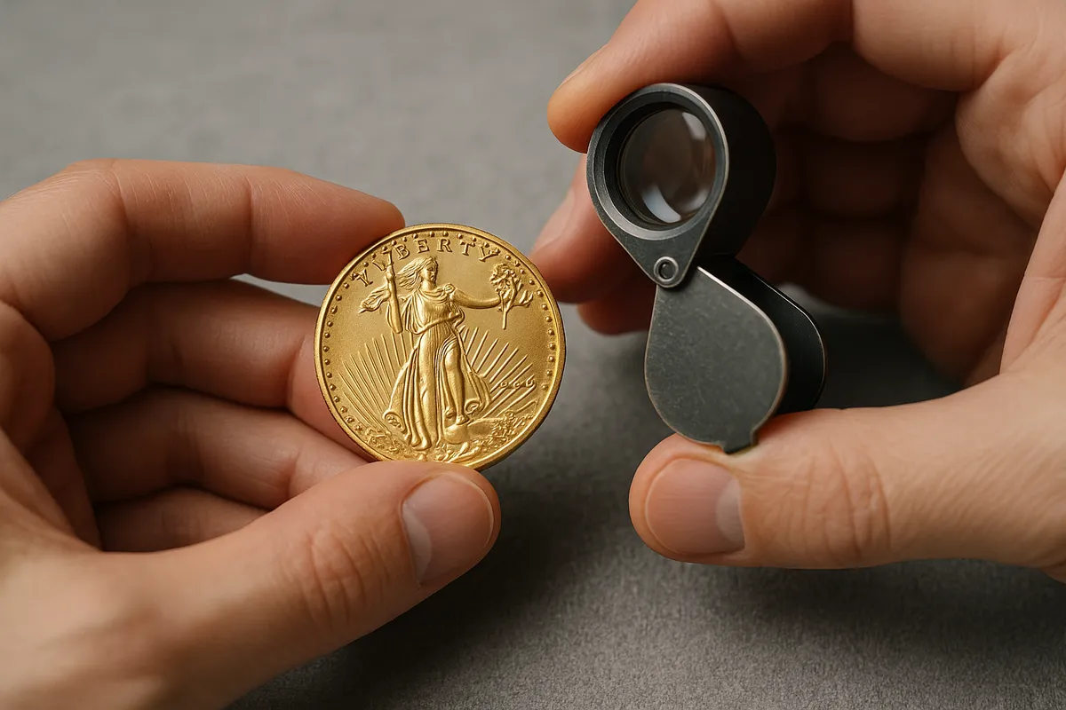 A person examines a gold coin with a loupe, highlighting the importance of detail in selling coins.