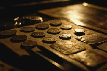 Close-up of antique gold coins on a table, highlighting their rich textures and details.
