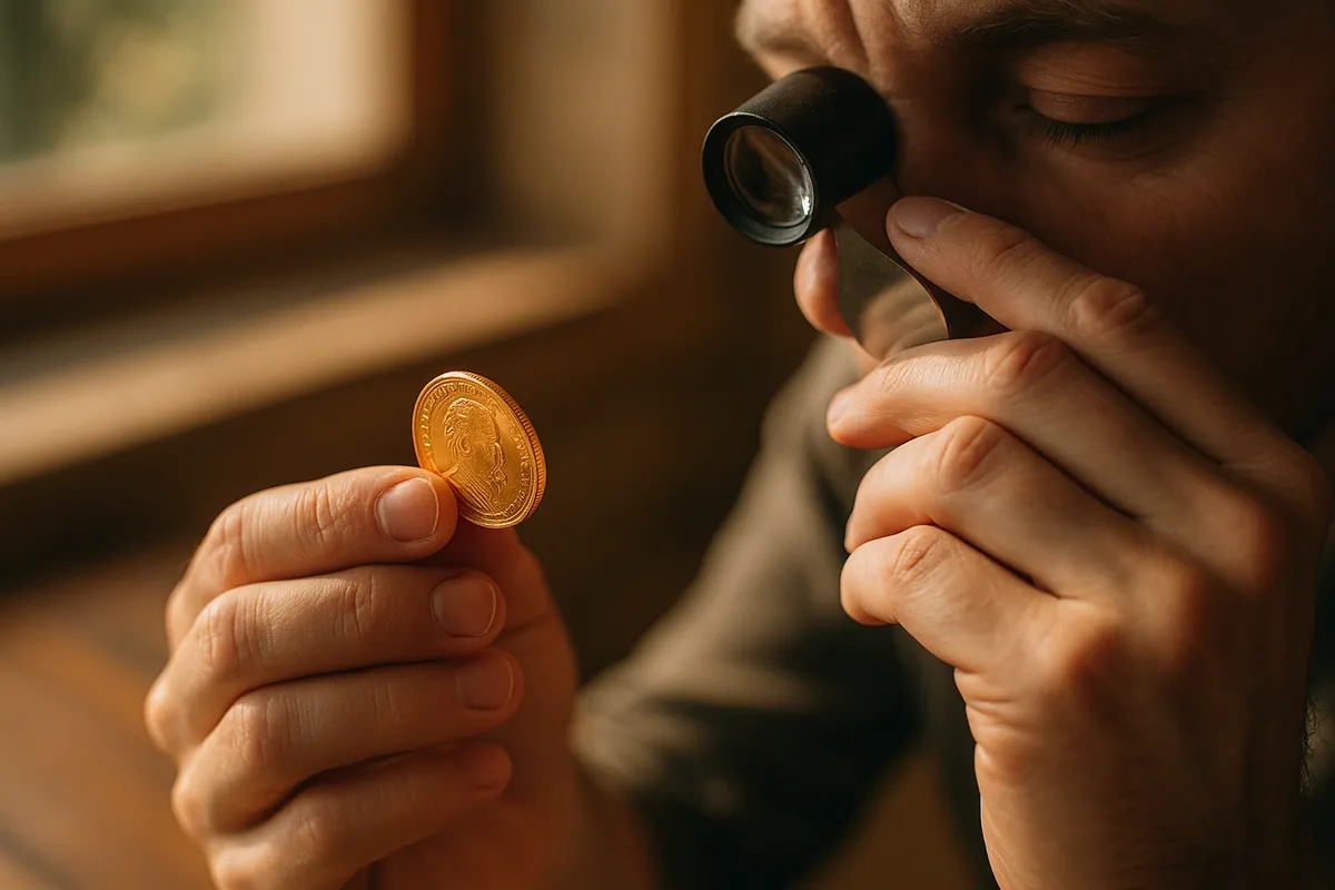 A pair of hands holds a gold coin while examining it closely with a loupe, emphasizing its details.