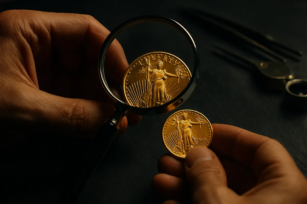 A hand holds a gold coin under a magnifying glass, highlighting its design details during appraisal.